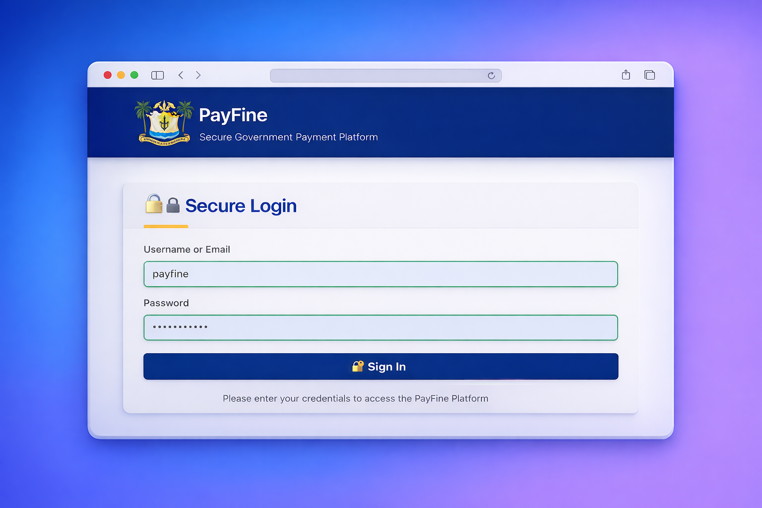PayFine dashboard screenshot showing modern fine management interface with payment flows, real-time tracking, clean UI, and compliance tools